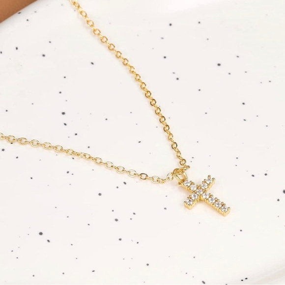 Gold 14k Gold Plated CZ Cross Pendant Chain Necklace - Picture 3 of 3